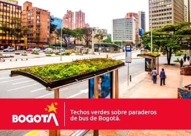 Techos verdes sobre paraderos de bus de Bogotá.
